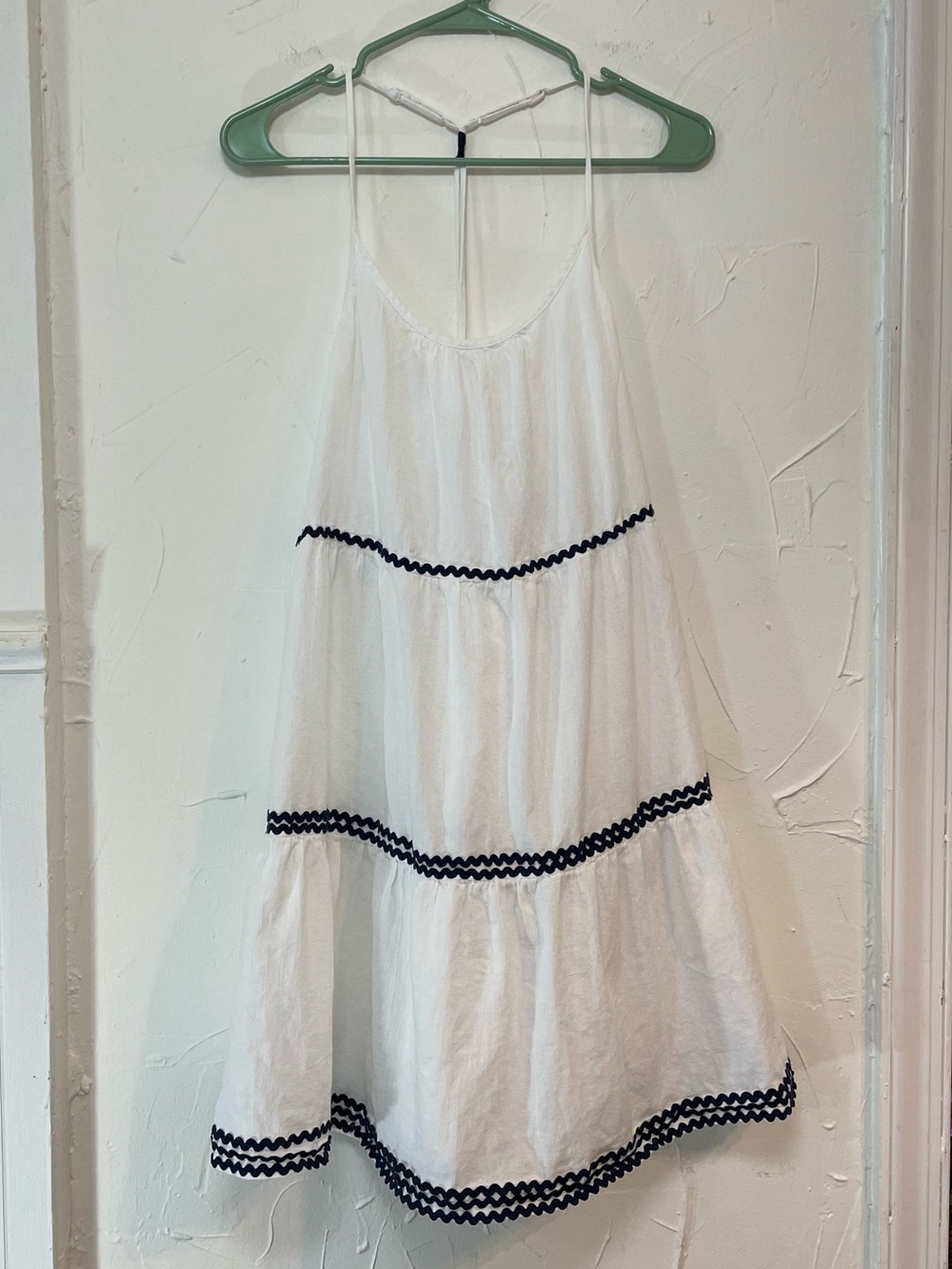 aerie White Spaghetti Strap Tiered Dress w/ Ric Rac Detail 100% Cotton sz large